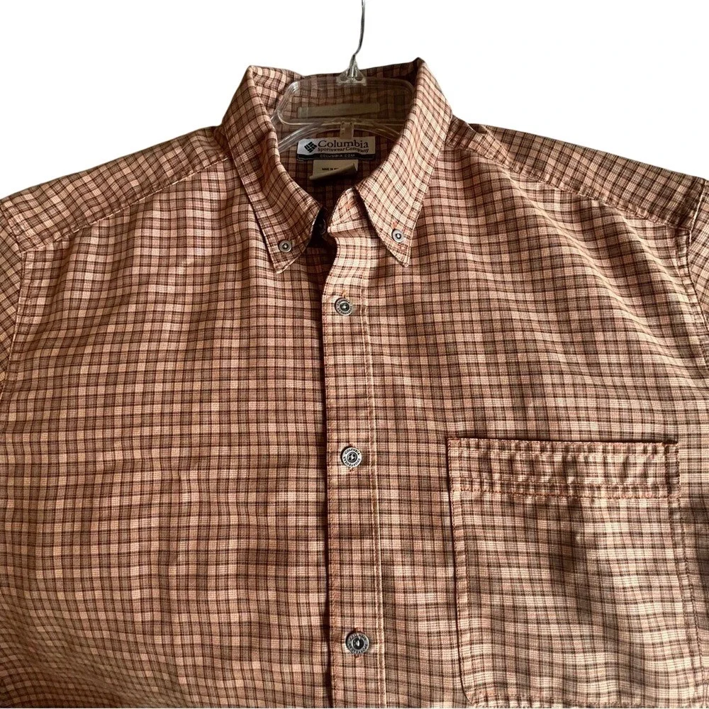 Columbia Mens Plaid Short Sleeve‎ Button Down Shirt Brown Tan Size Large L